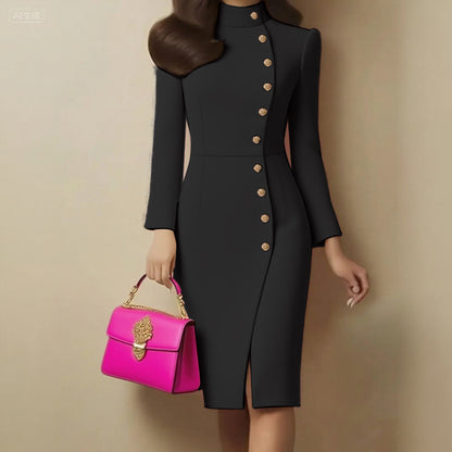 Sheath Midi Dress with Stand Collar, Button Front & Slit