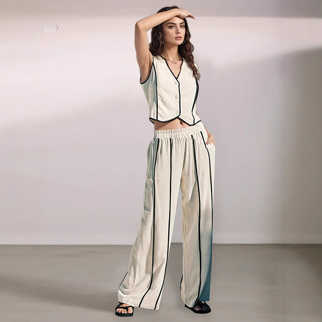 Contrast-Piped Cropped Vest & Wide-Leg Pants Set
