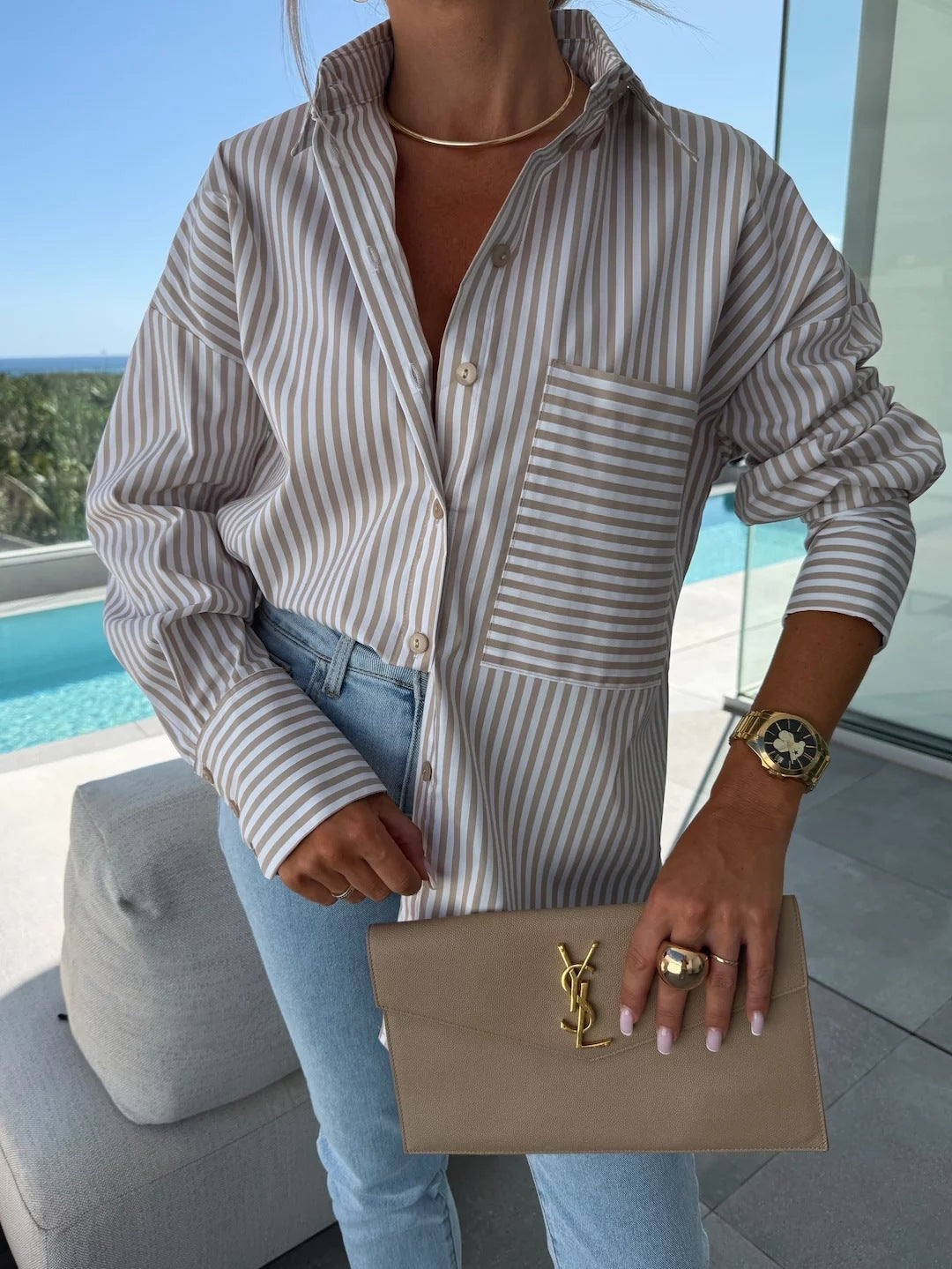 Oversized Striped Button-Down Shirt with Contrast Pocket