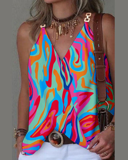 Printed Sleeveless Top with V-Neck and Metal Buckle Straps