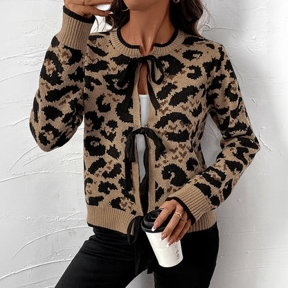 Leopard Print Knit Cardigan with Tie-Up Front