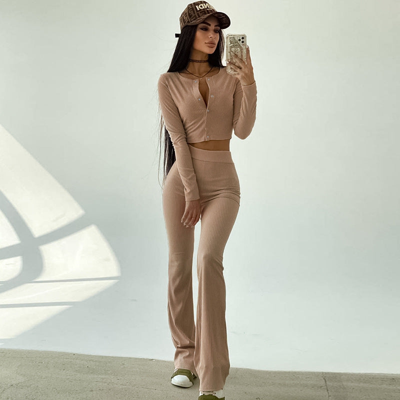 Ribbed Knit Two-Piece Set with Cropped Cardigan and Flared Pants
