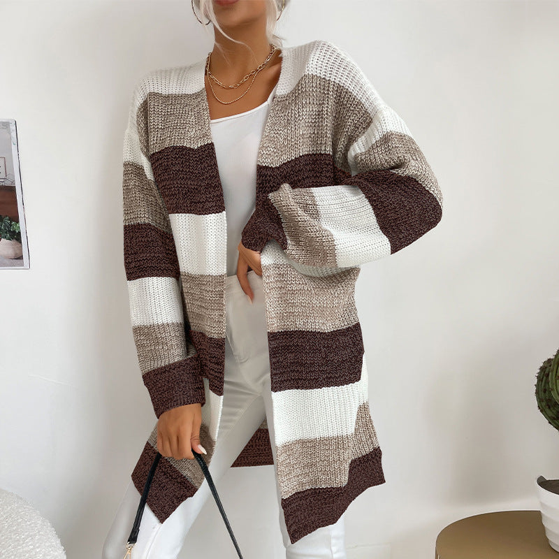 Striped Open Front Cardigan with Long Length