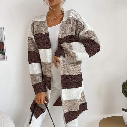 Striped Open Front Cardigan with Long Length