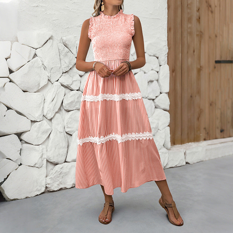 Striped A-Line Midi Dress with Smocked Bodice and Lace Trim