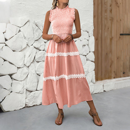 Striped A-Line Midi Dress with Smocked Bodice and Lace Trim