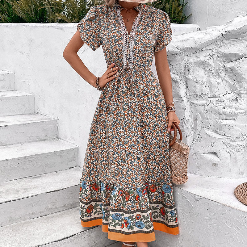 Floral A-Line Midi Dress with Lace-Trim V-Neck