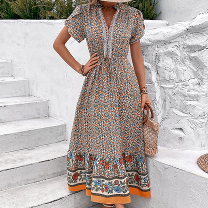 Floral A-Line Midi Dress with Lace-Trim V-Neck