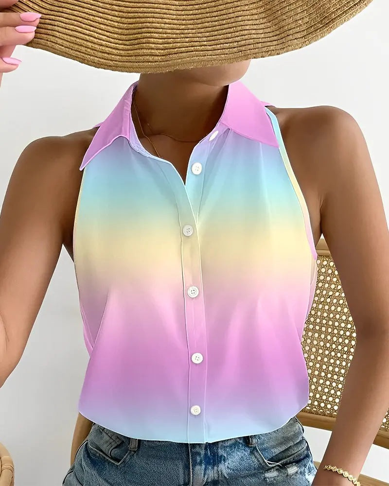Abstract Print Halter Top with Collared Button Front