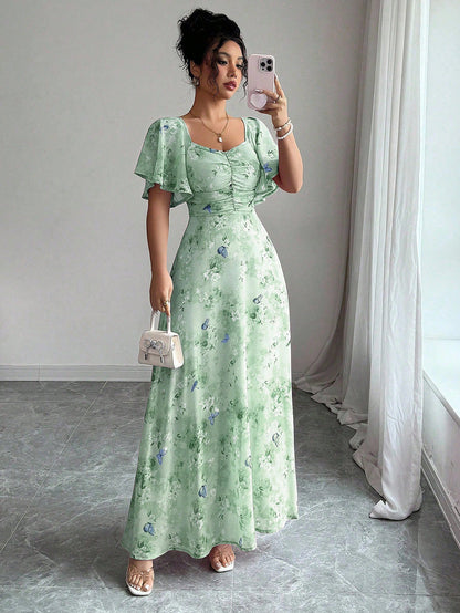 Floral Print Maxi Dress with Flutter Sleeves and Ruched Bust