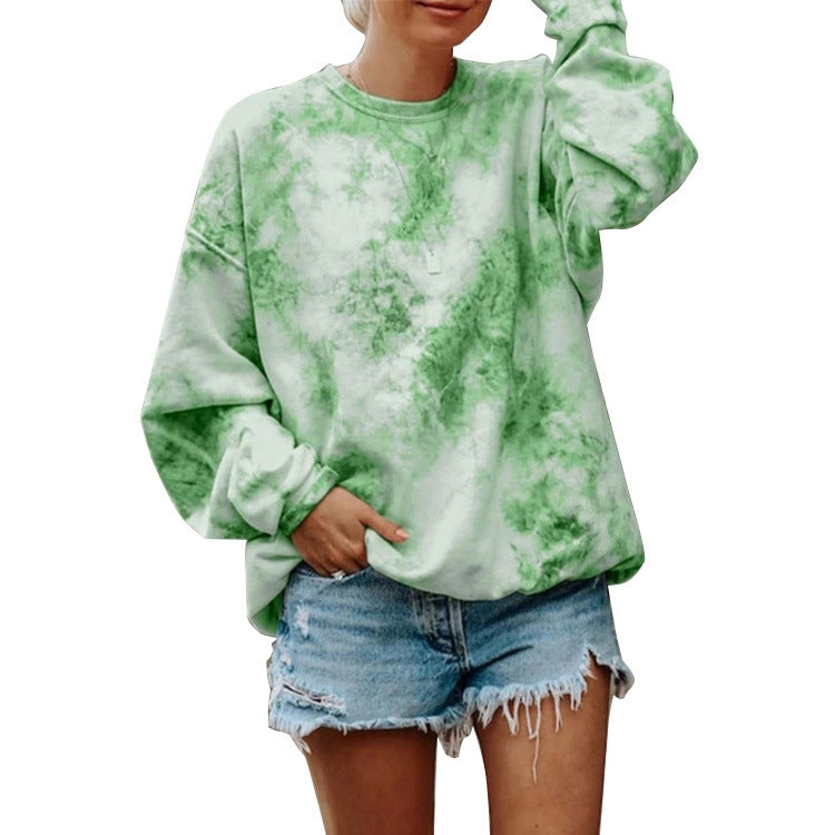 Loose Fit Tie-Dye Long Sleeve Pullover with Round Neck