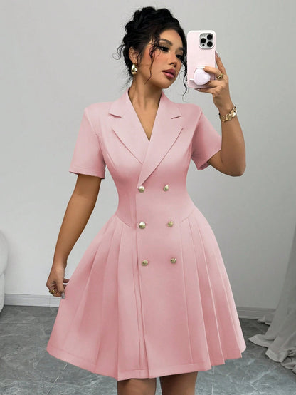 Blazer Dress with Short Sleeves, Double-Breasted Buttons, and Pleated Skirt
