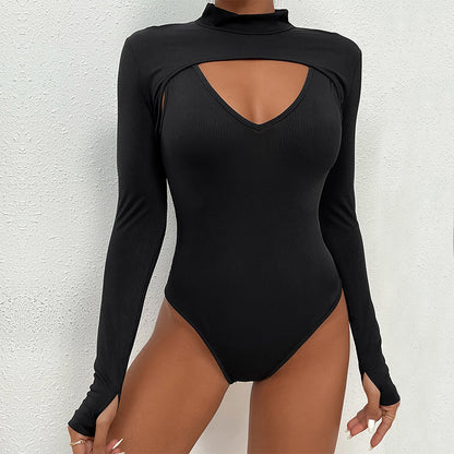 Ribbed Long-Sleeve Bodysuit with Mock Neck and Chest Cutout