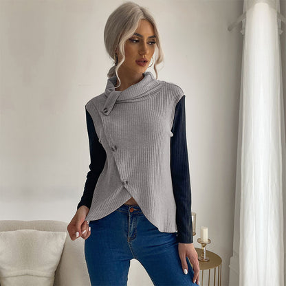 Solid Ribbed Knit Top with Stacked Collar and Asymmetrical Button Front