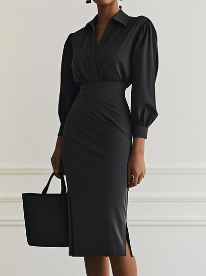 Sheath Midi Dress with V-Neck and Ruched Waist