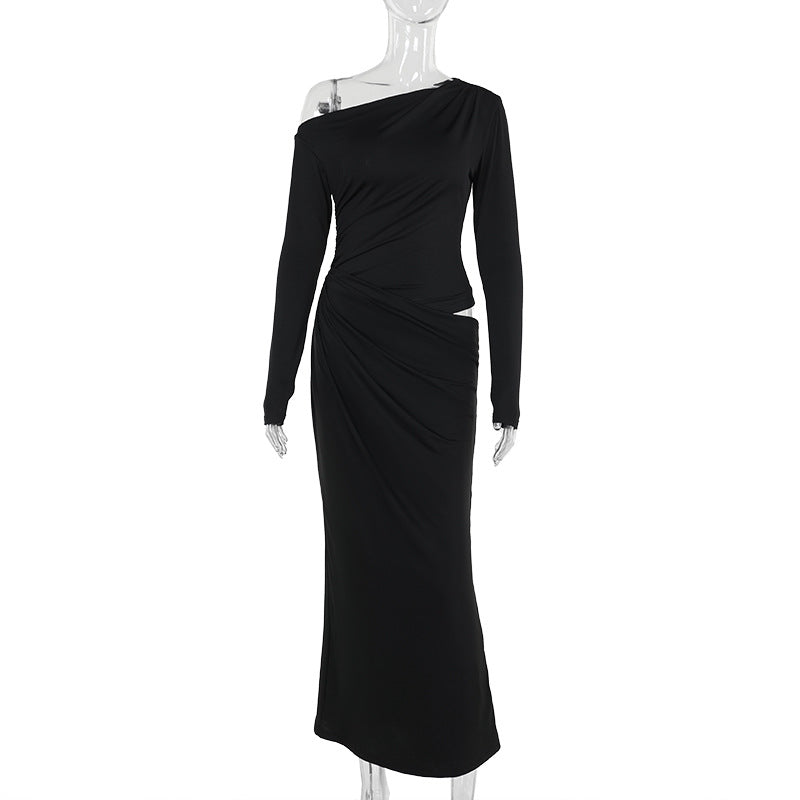 One-Shoulder Bodycon Maxi Dress with Ruched Waist Cutout