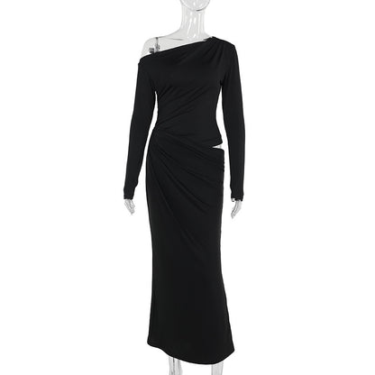 One-Shoulder Bodycon Maxi Dress with Ruched Waist Cutout