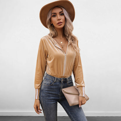 Long-Sleeve Hooded Velour Bodysuit with Front Zipper