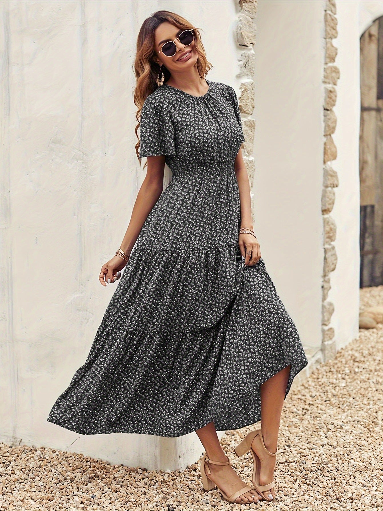 Floral Tiered Maxi Dress with Smocked Waist and Flutter Sleeves
