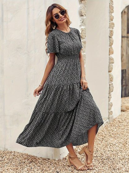 Floral Tiered Maxi Dress with Smocked Waist and Flutter Sleeves