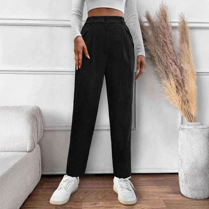Straight-Leg Corduroy Pants with Elastic High Waist