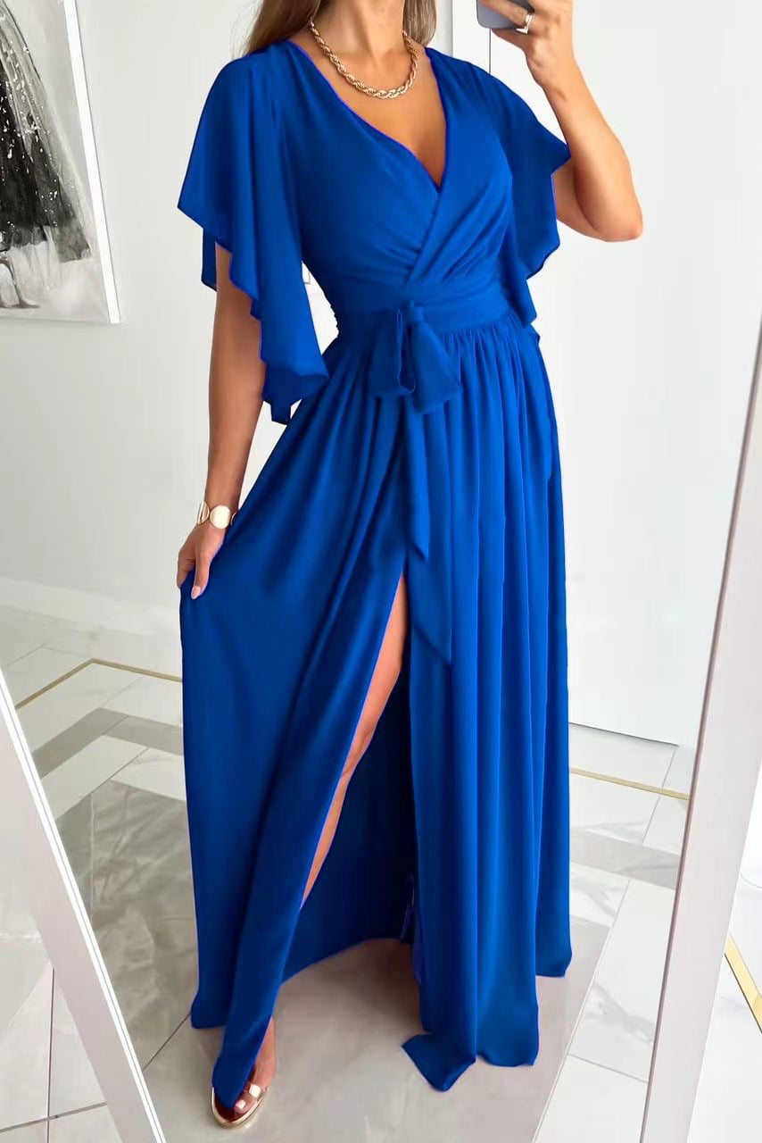 Solid Maxi Dress with Wrap V-Neck, Tie-Waist, and Slit