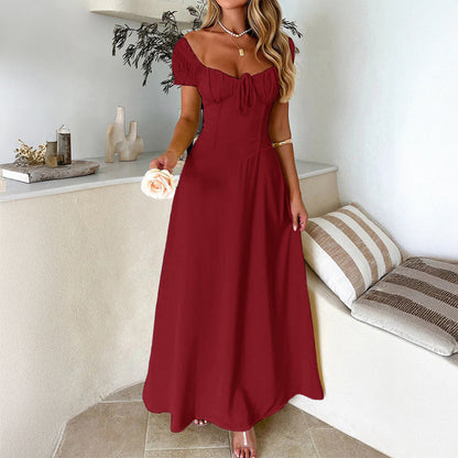A-Line Midi Dress with Tie-Front Bust and Puff Sleeves