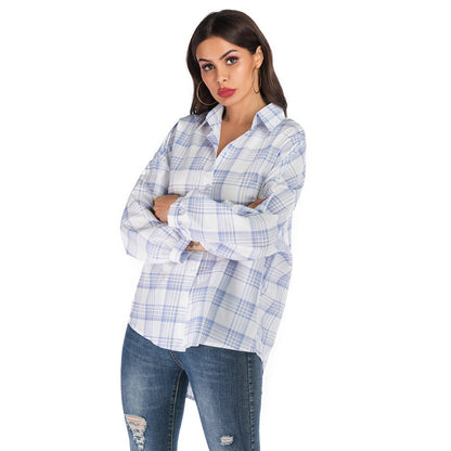 Oversized Plaid Button-Down Shirt with High-Low Hem