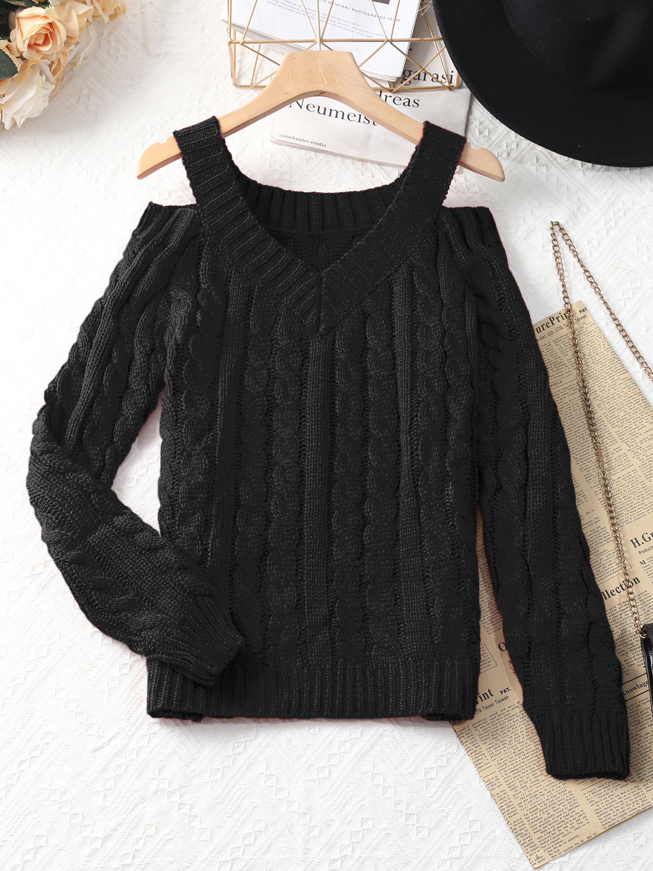 Cable-Knit V-Neck Sweater with Cold-Shoulder Cutouts