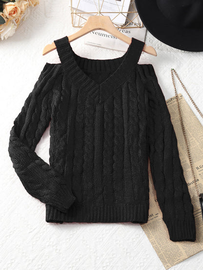 Cable-Knit V-Neck Sweater with Cold-Shoulder Cutouts