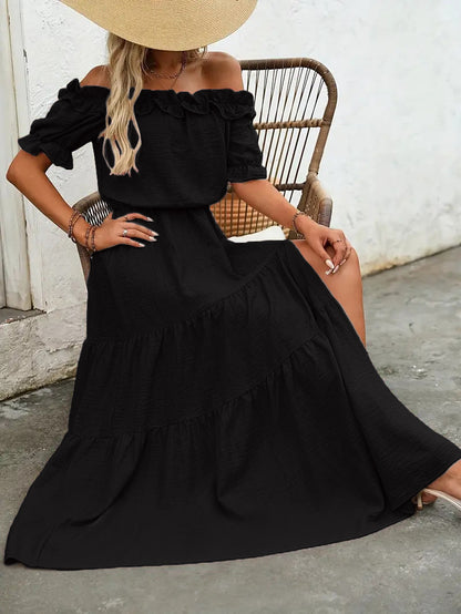 Tiered Maxi Dress with Off-Shoulder Ruffle Neckline and Slit