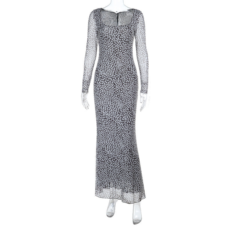 Polka Dot Bodycon Maxi Dress with Square Neck and Long Sleeves