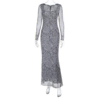 Polka Dot Bodycon Maxi Dress with Square Neck and Long Sleeves