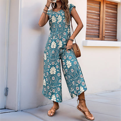 Retro Floral Print Jumpsuit with Wide Legs and Cap Sleeves