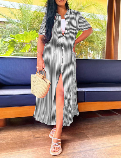 Striped Maxi Shirt Dress with V-Neck