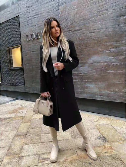 Solid Double-Breasted Midi Coat with Notched Lapel