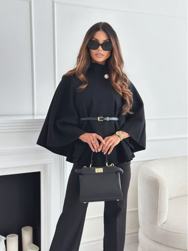 Belted Poncho Coat with Mock Neck and Bat Sleeves