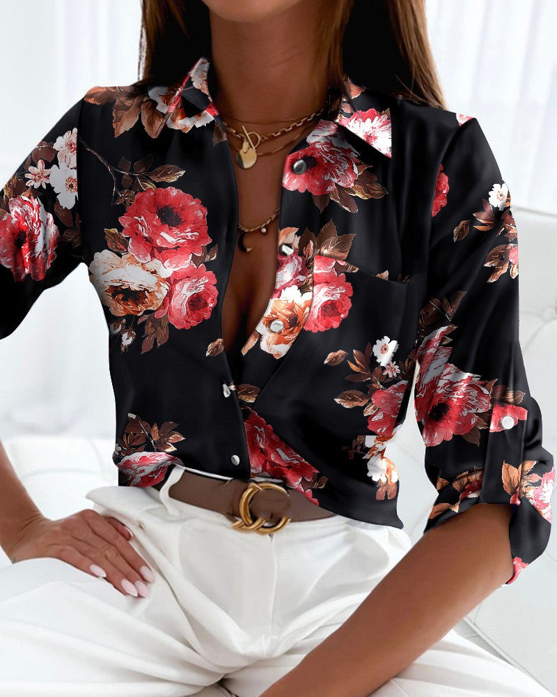 Printed Long Sleeve Button-Down Shirt with V-Neck