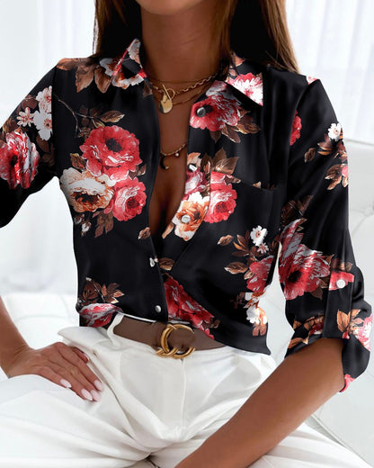 Printed Long Sleeve Button-Down Shirt with V-Neck