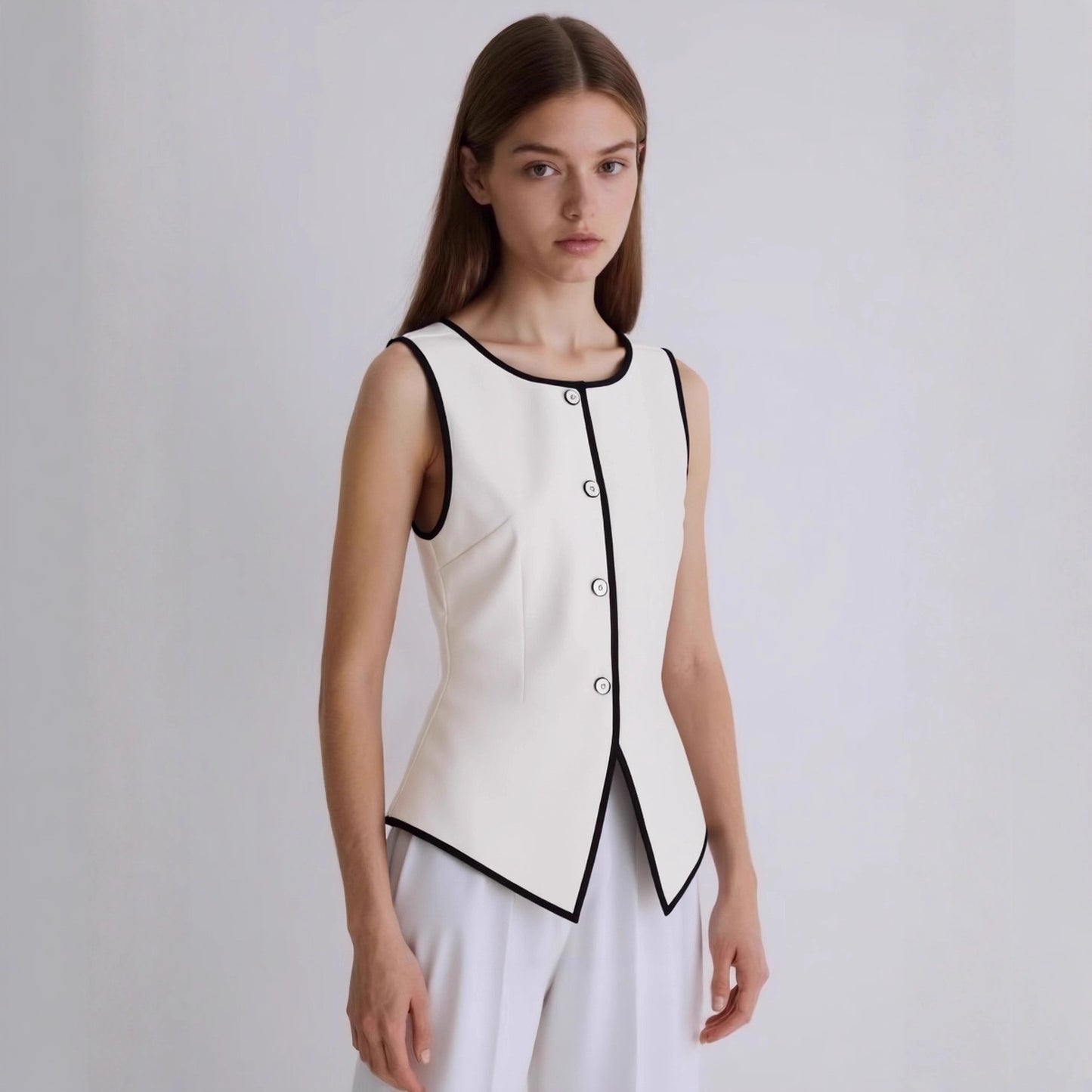 Sleeveless Cardigan with Contrast Trim and Tie-Waist