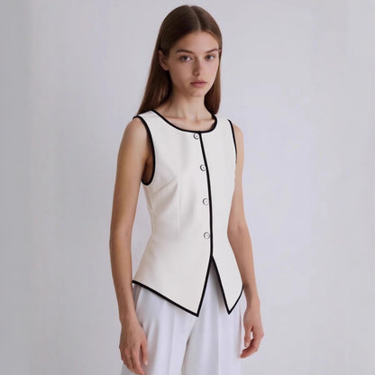 Sleeveless Cardigan with Contrast Trim and Tie-Waist