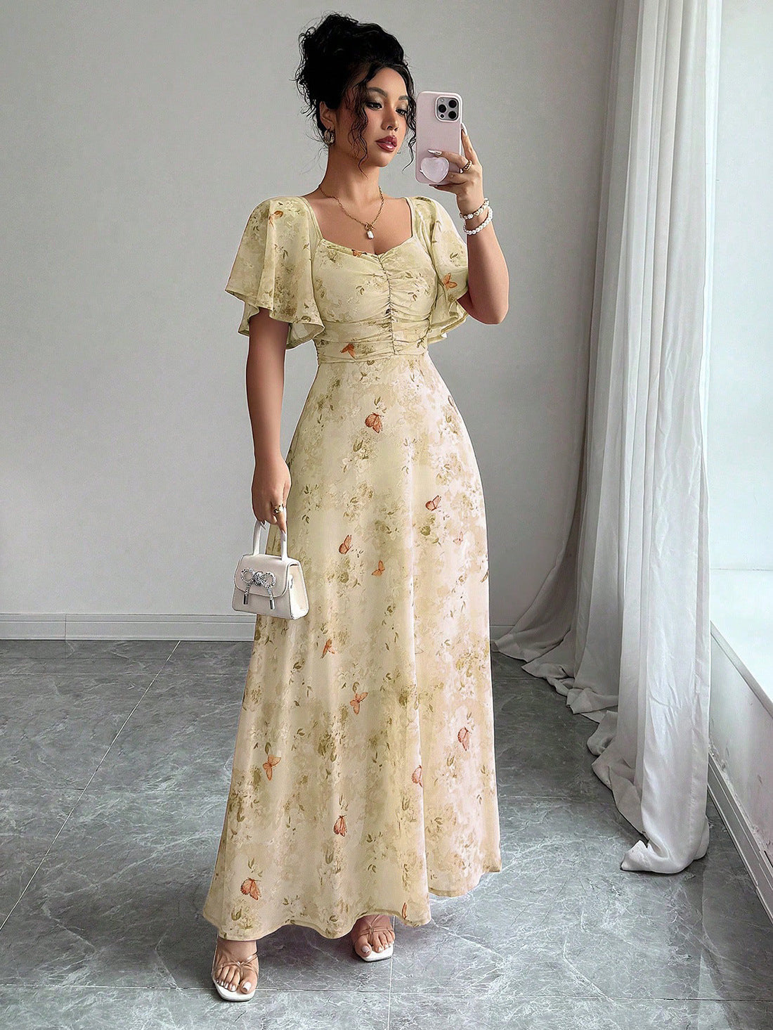 Floral Print Maxi Dress with Flutter Sleeves and Ruched Bust