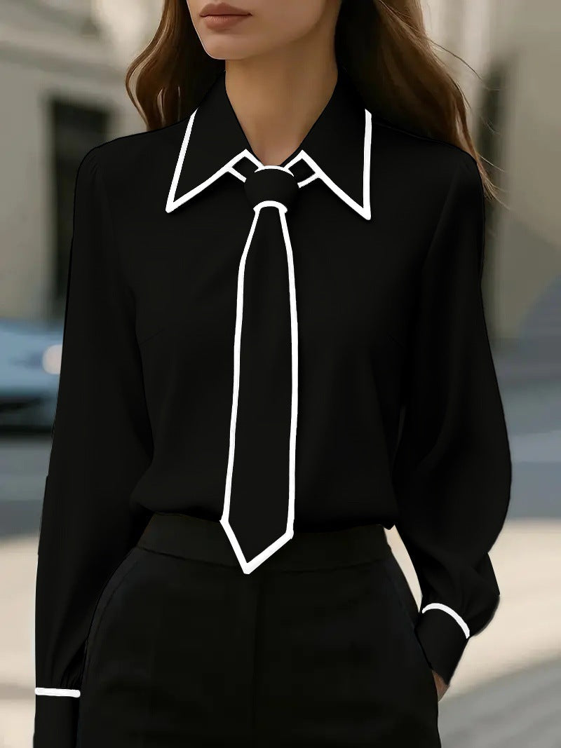 Piped Long-Sleeve Blouse with Integrated Tie Design
