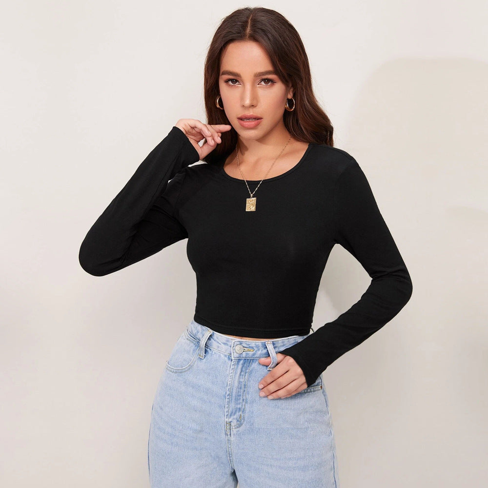 Slim Fit Long Sleeve Cropped Top with Crewneck