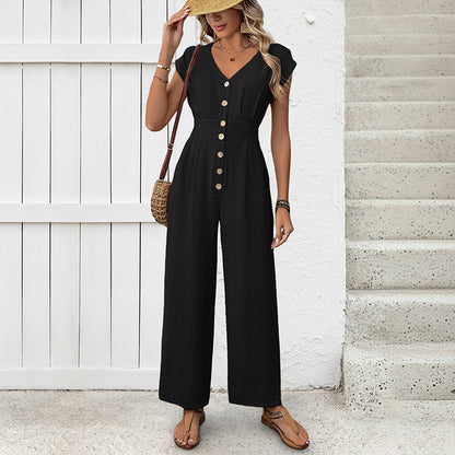 Wide-Leg Jumpsuit with V-Neck, Flutter Sleeves & Button Front