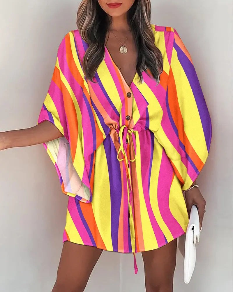 Printed Mini Dress with Bat Sleeves and Drawstring Waist