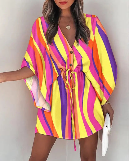 Printed Mini Dress with Bat Sleeves and Drawstring Waist