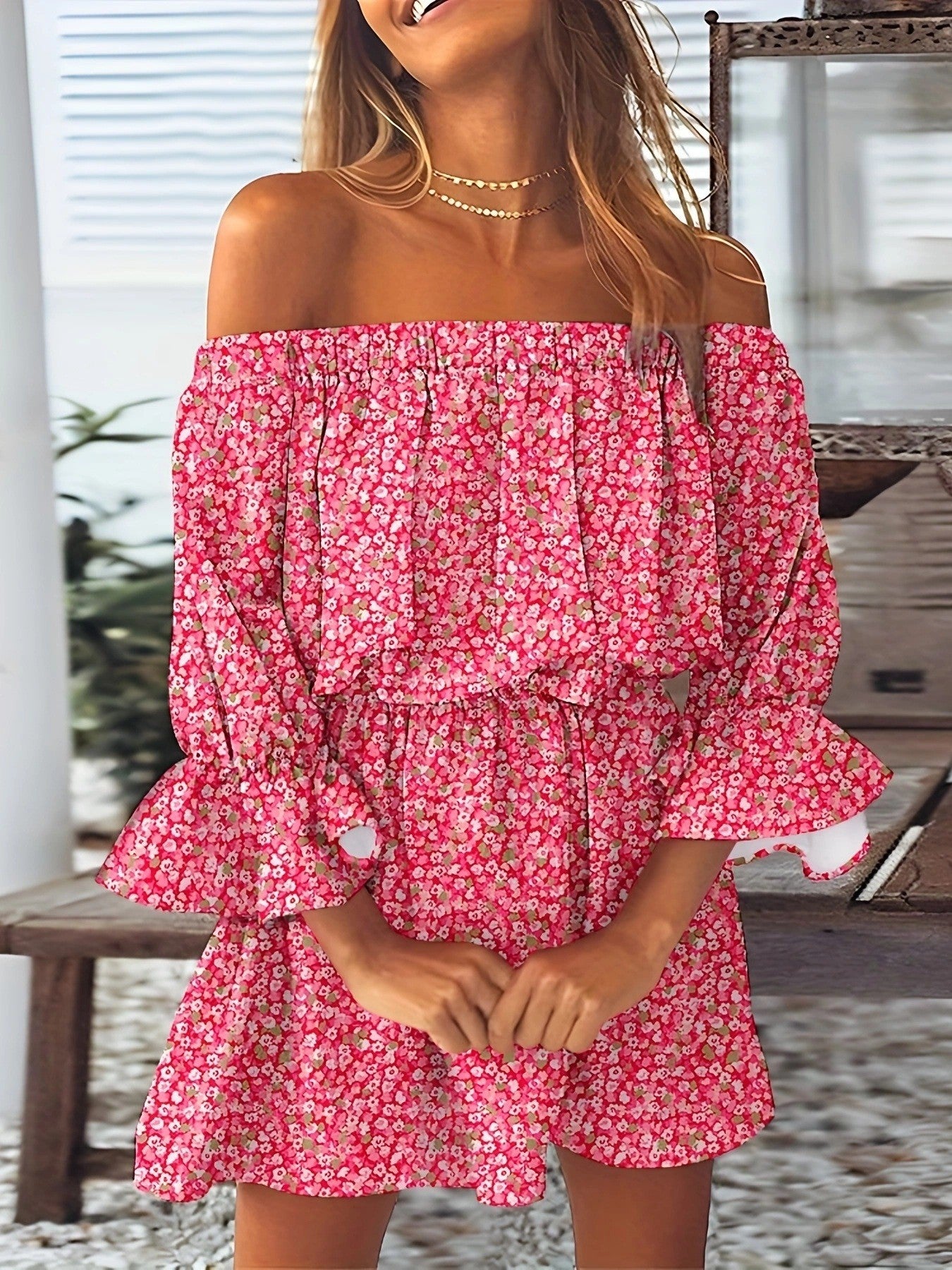 Printed Off-Shoulder Mini Dress with Elasticated Waist