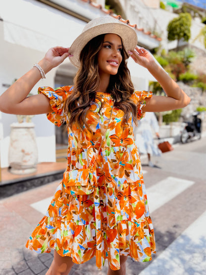 Vibrant Floral Print Tiered Mini Dress with Horn Sleeves