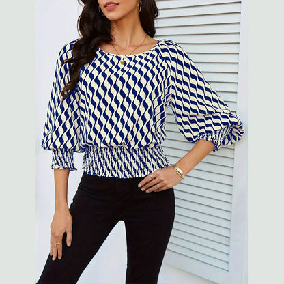 Wavy Print Blouse with Lantern Sleeves and Shirred Waist